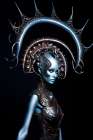 Blue alien woman in headdress and armor. AI Generated. Art Print